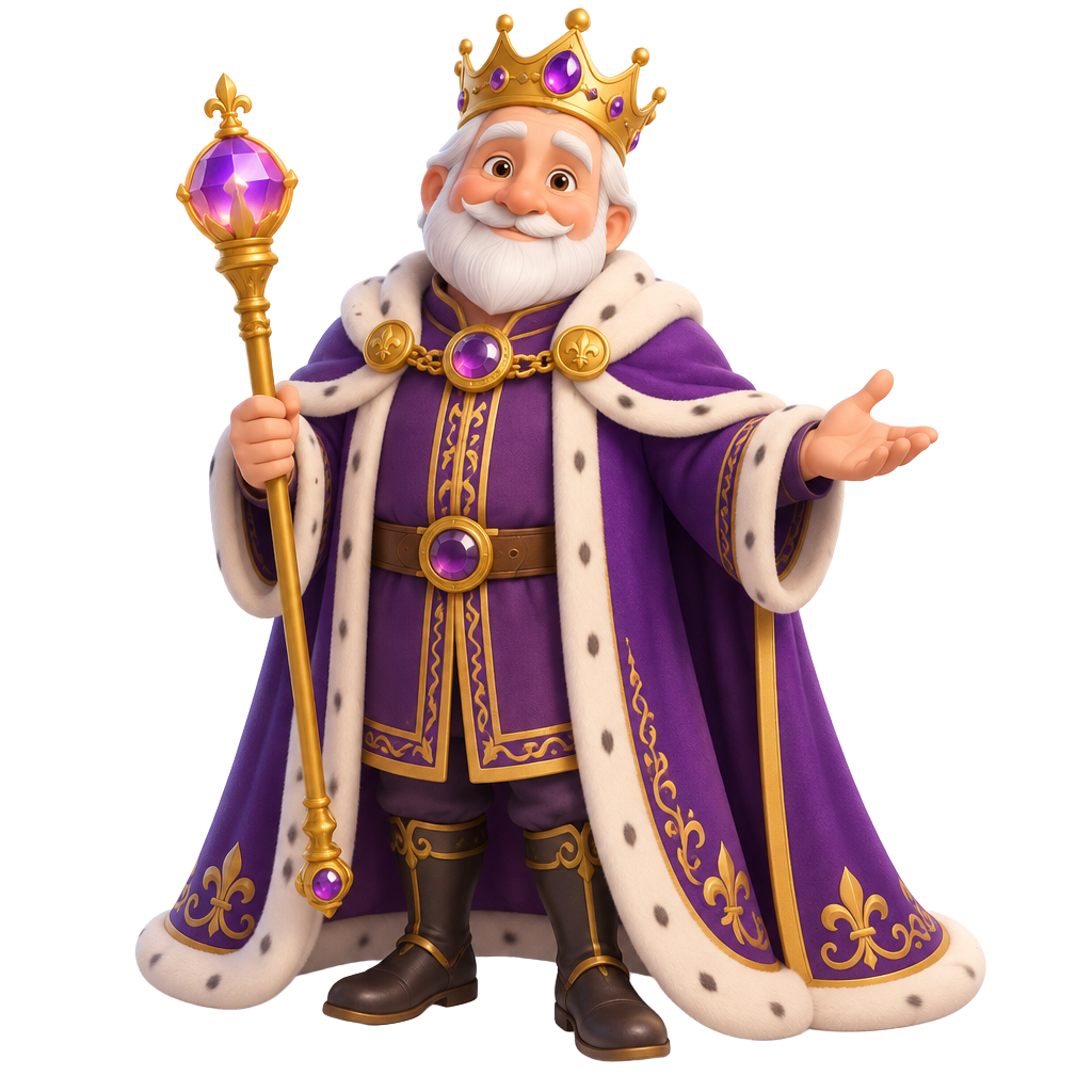 King Aldric, Wise Encourager, holding the Royal Scepter